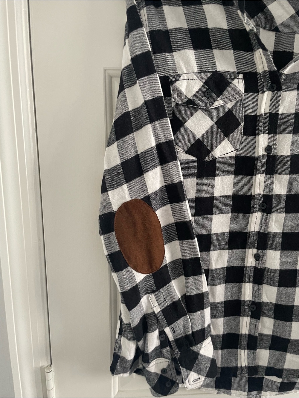 Cavalini Black and White Plaid Button-Down Shirt with Brown Elbow Patch
